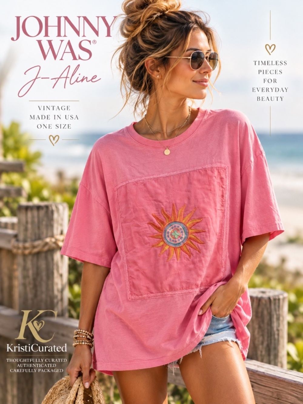 Vintage Johnny Was J-Aline Pink Embroidered Sun Oversized Tee One Size